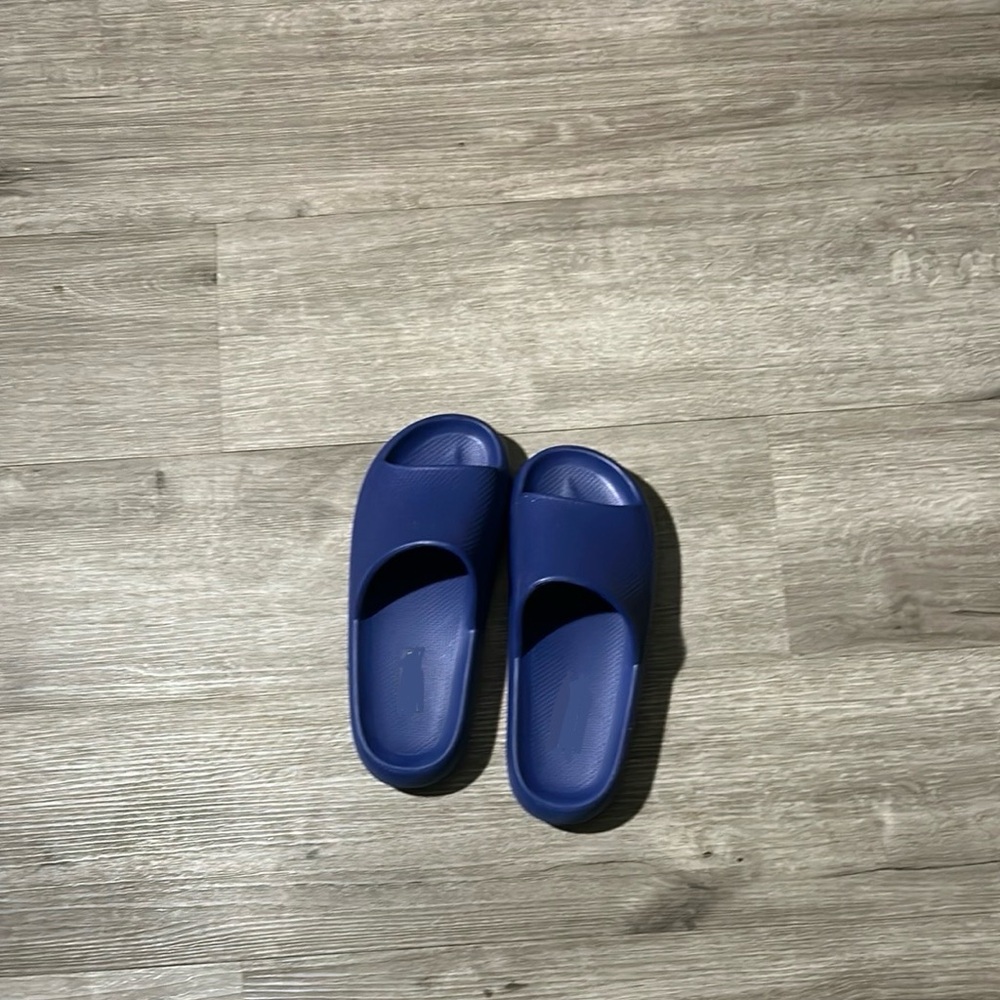 Blue Yeezy slides